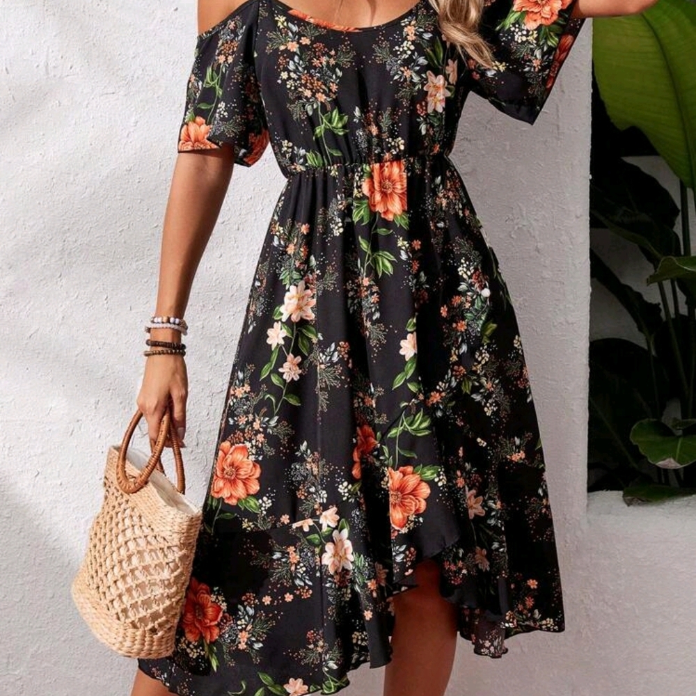 SHEIN Orange Ruffled Wrap Sundress High Low